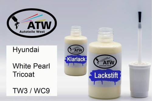 Hyundai, White Pearl Tricoat, TW3 / WC9: 20ml Lackstift + 20ml Klarlack - Set, von ATW Autoteile West.